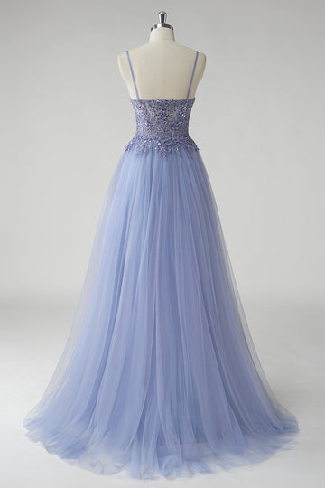 Sparkly Grey Blue A Line Long Beaded Tulle Prom Dress with Slit